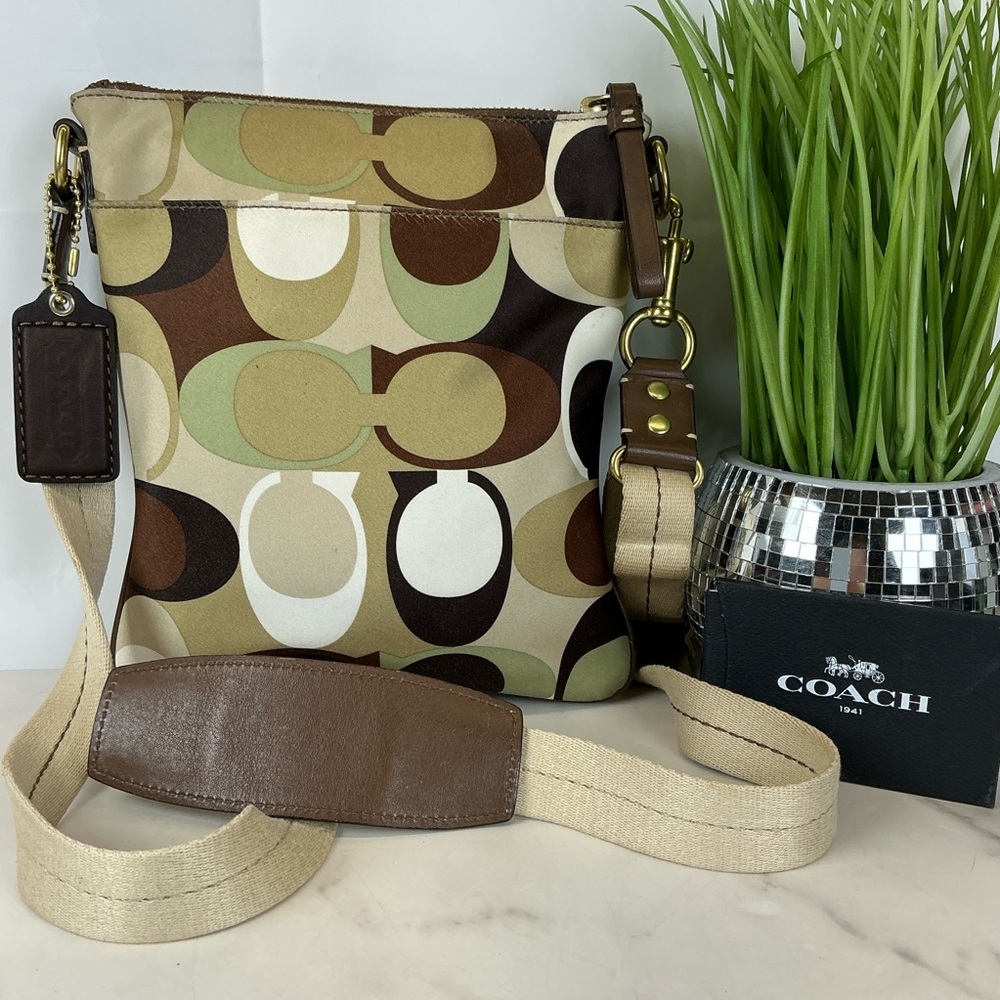 Coach Y2K Scarf Satin Brown Green Monogram Multi‎ Crossbody Shoulder Bag Rare